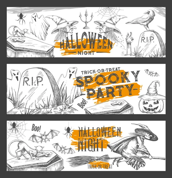 Noche de Halloween vector bosquejo banners de fiesta — Vector de stock