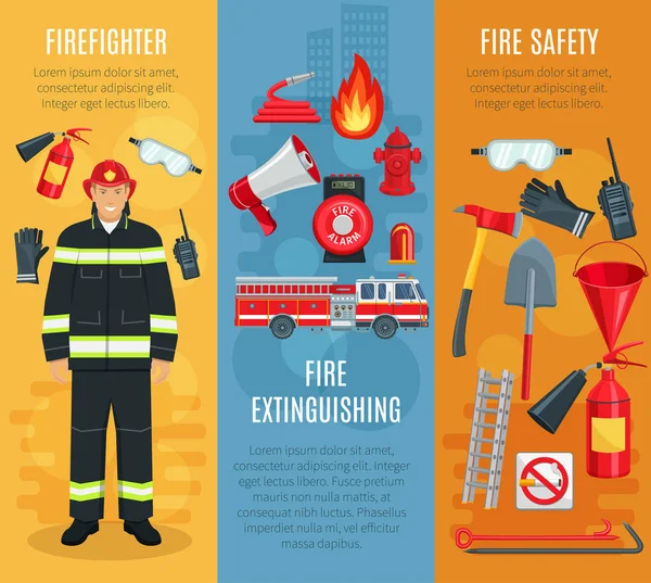 Firefighting vector banners set of fireman tools — Stock Vector