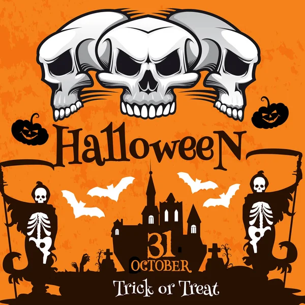 Halloween vakantie poster met spookhuis, schedel — Stockvector
