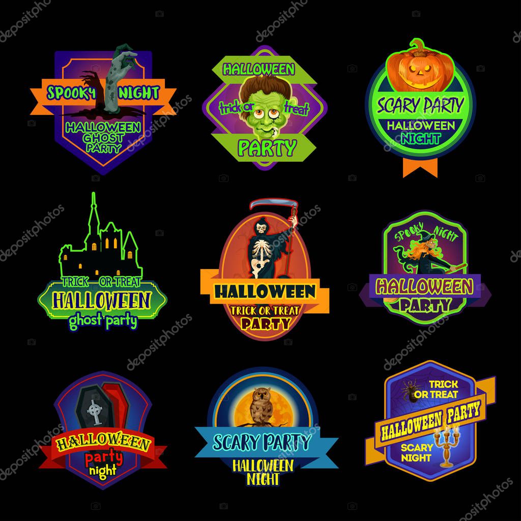 Halloween spooky night label and ghost party badge. Halloween pumpkin, skeleton and witch, ghost haunted house, zombie and grim reaper with scythe, coffin and owl symbol for autumn holiday design