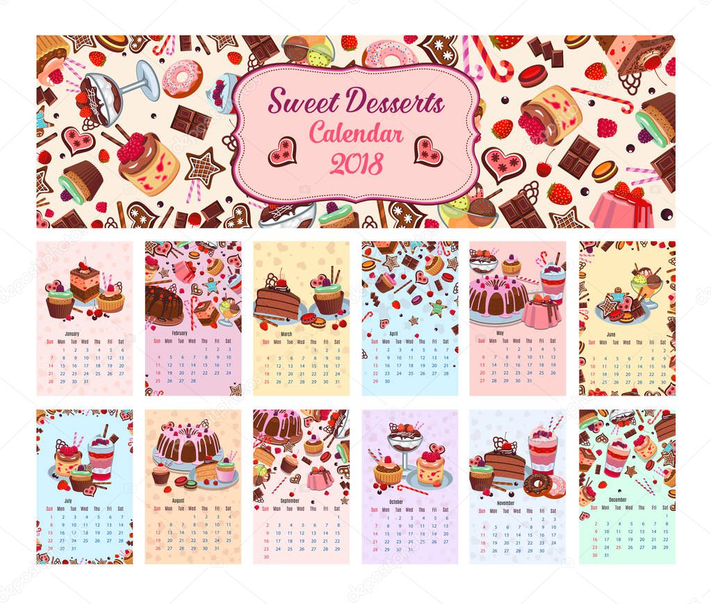 Bakery shop vector dessets calendar 2018 — Stock Vector © Seamartini