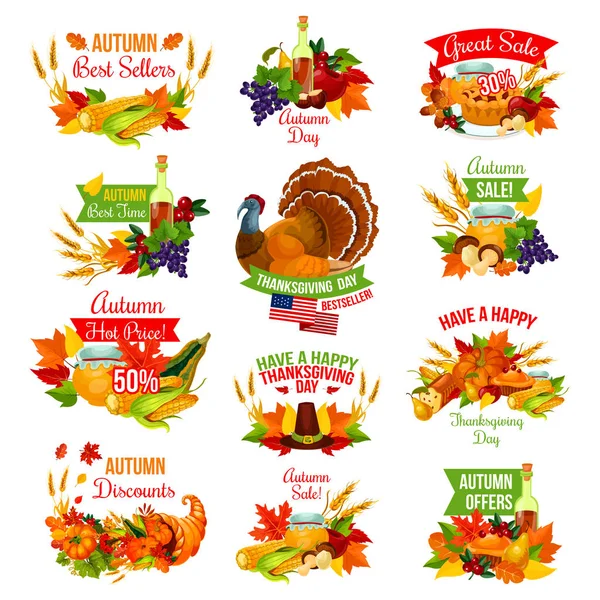 Ação de Graças vetor de outono ícones de venda isolados — Vetor de Stock