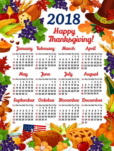Dia de Ação de Graças calendário vetorial 2018 — Vetor de Stock