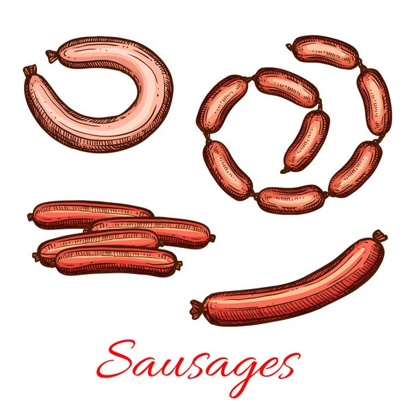 Vector fresh meat sausages products sketch icons — Stock Vector