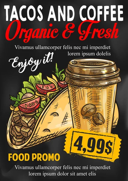 Fast food tacos café prix vectoriel croquis affiche — Image vectorielle