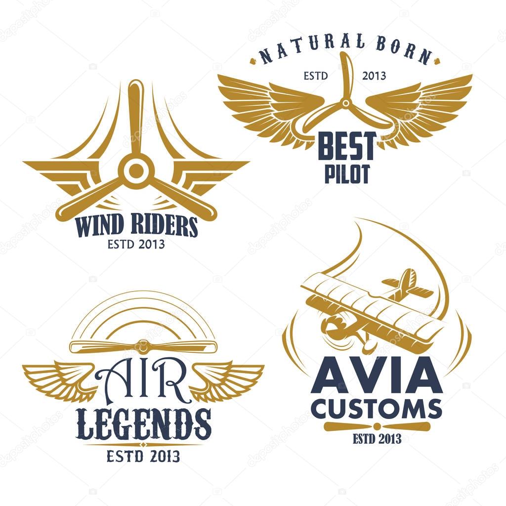 Vector retro icons for aviation airplane pilots