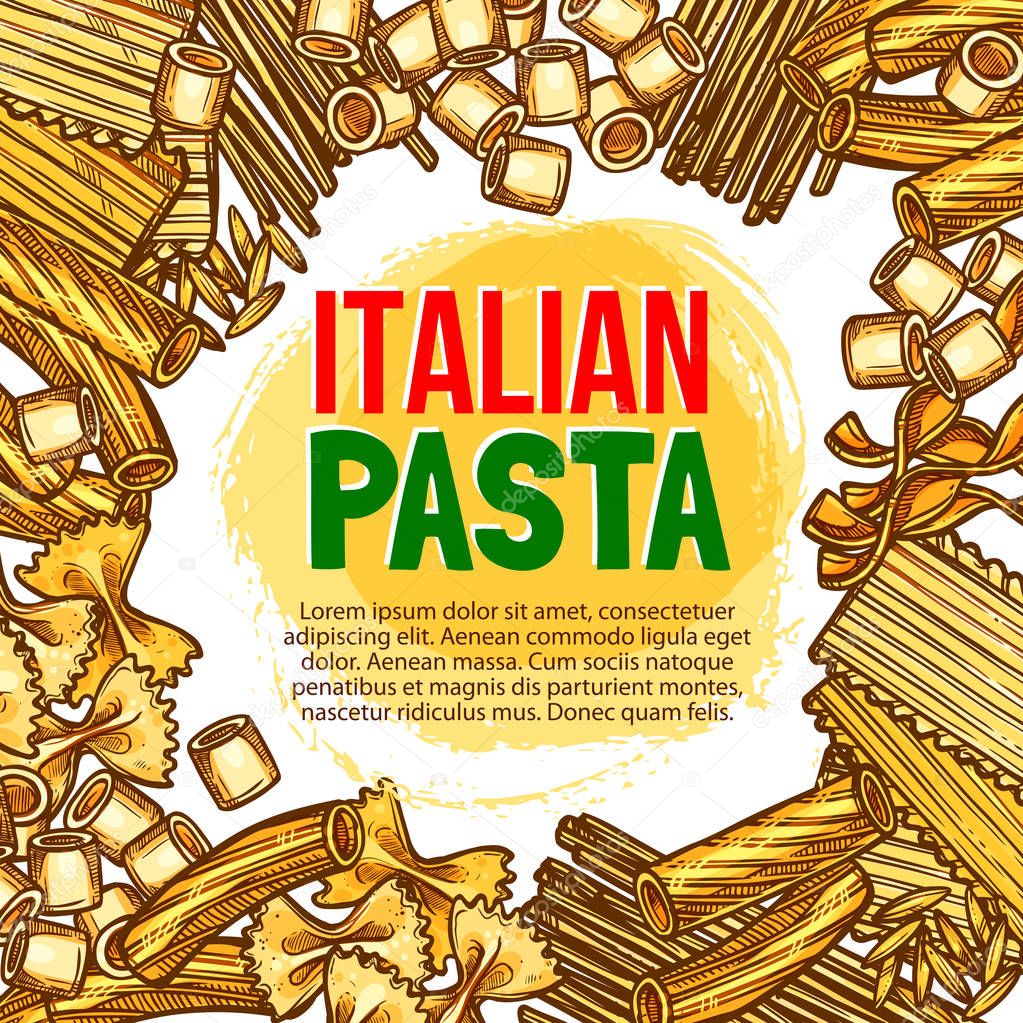 Pasta and Italian macaroni vector sketch poster