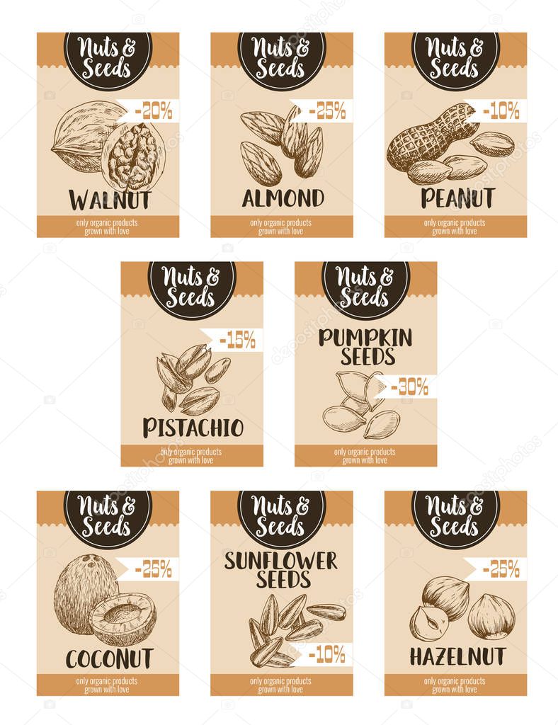 Vector price sketch posters of nuts and fruit seed