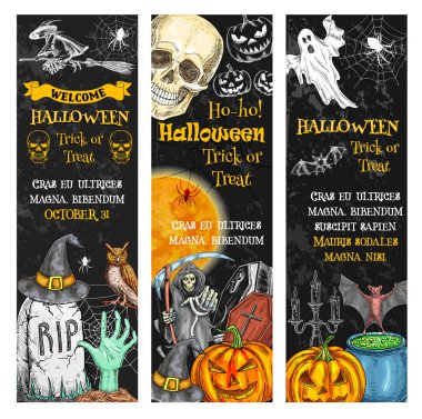 Cadılar Bayramı Balkabağı, hayalet, kafatası kara tahta banner