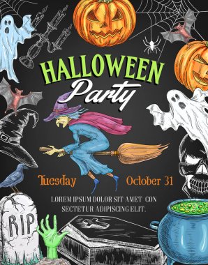 Cadılar Bayramı vektör partisi kroki kabak cadı poster