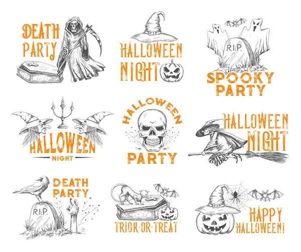 Halloween-Vektor-Sketch-Icons für die Weihnachtsfeier — Stockvektor