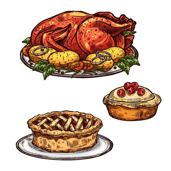 感恩节火鸡、 馅饼晚餐素描食物 — 图库矢量图片