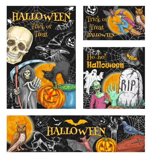 Halloween häxa monster vektor skiss affischer — Stock vektor