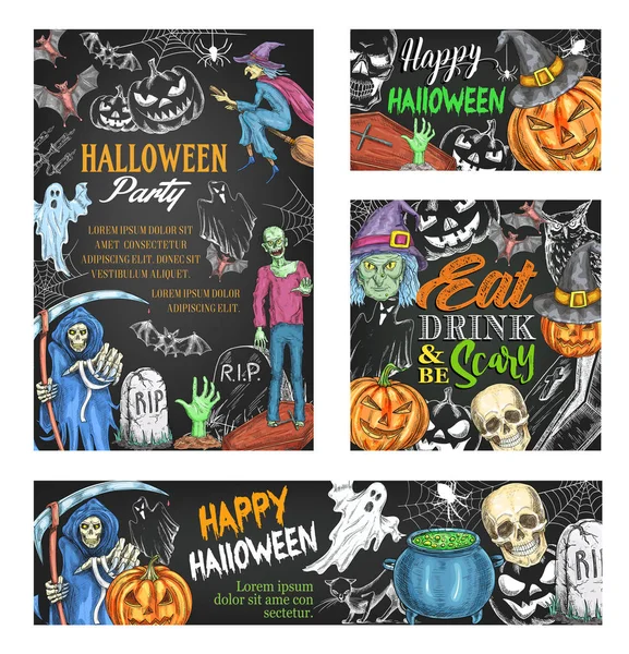 Buon Halloween sketch banner sulla lavagna — Vettoriale Stock