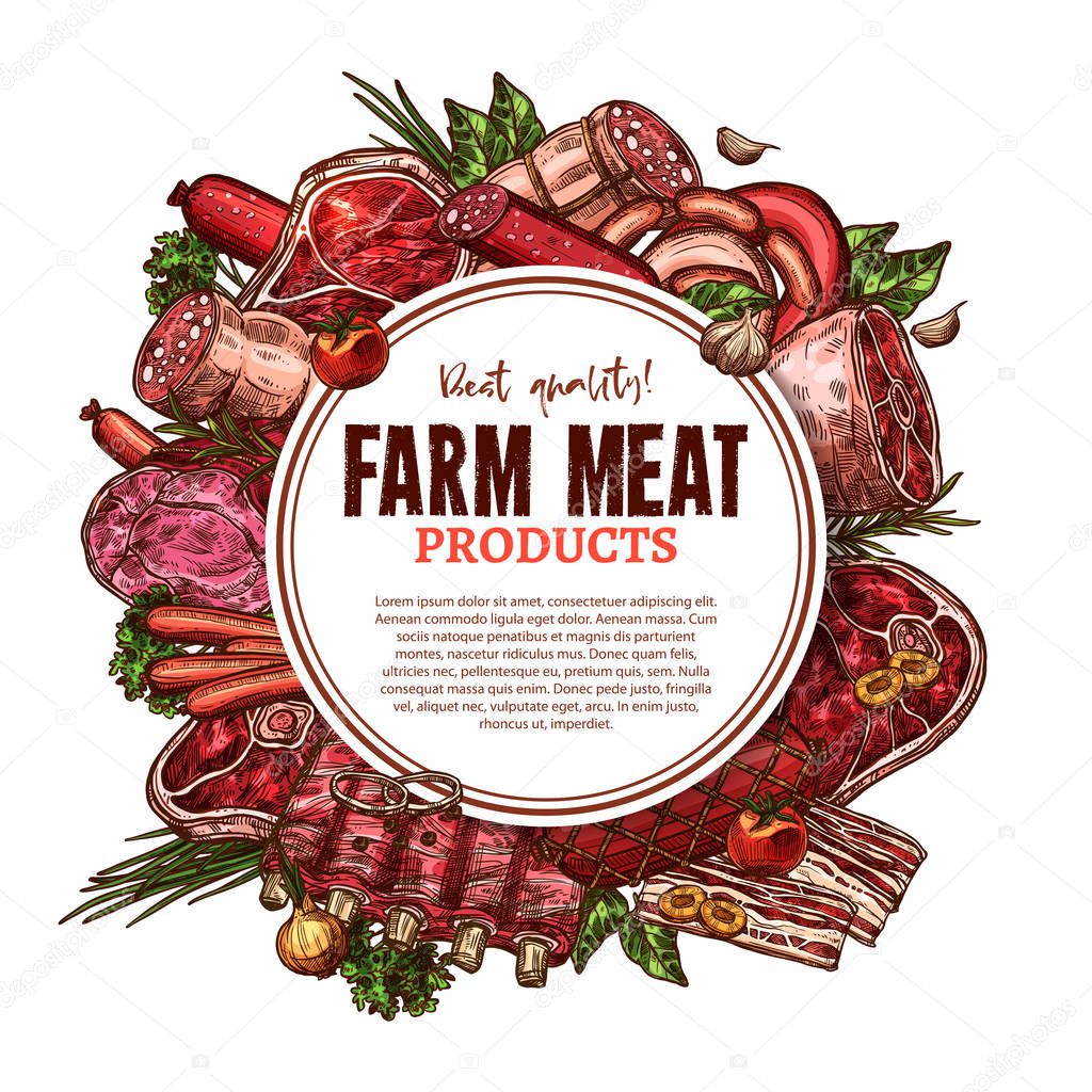 Vector sketch farm fresh meat butchery poster