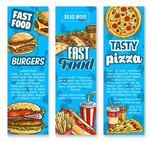Fast food restaurante menu vetor esboço banners — Vetor de Stock