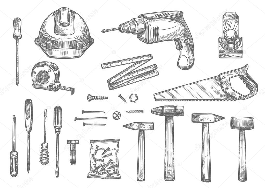 Vector sketch icons of repair work tools