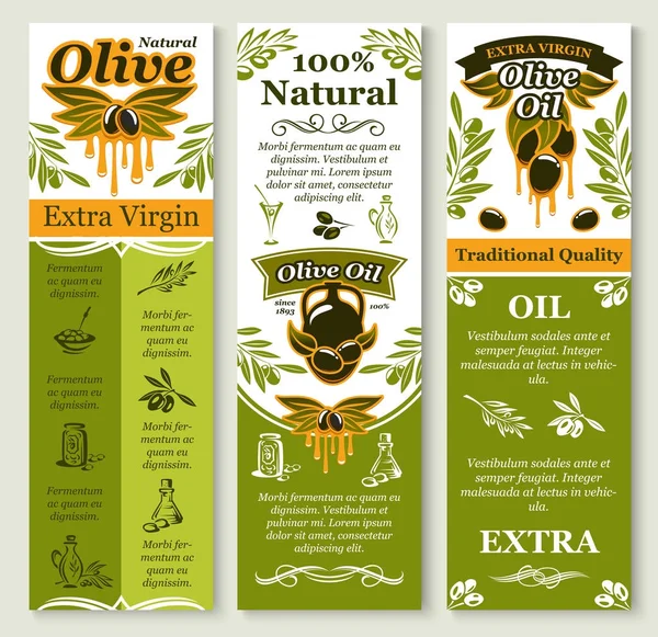 Banderas de aceitunas vectoriales para aceite de oliva ecológico — Vector de stock