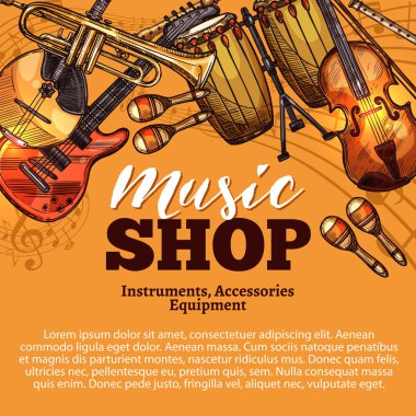 Vektör müzik dükkanı kroki müzik aletleri