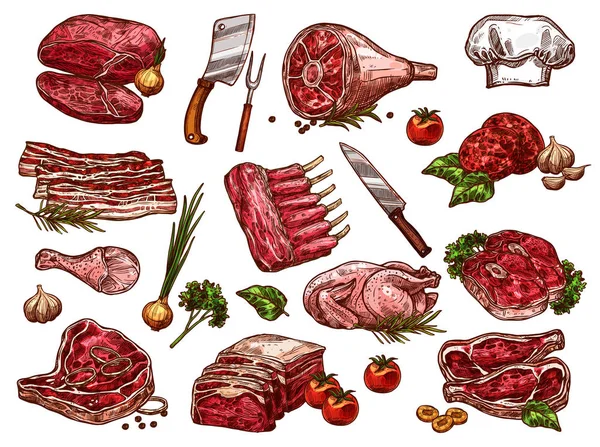 Ανυσματικά εικονίδια σκίτσο φρέσκο κρεοπωλείο κρέατος — Διανυσματικό Αρχείο