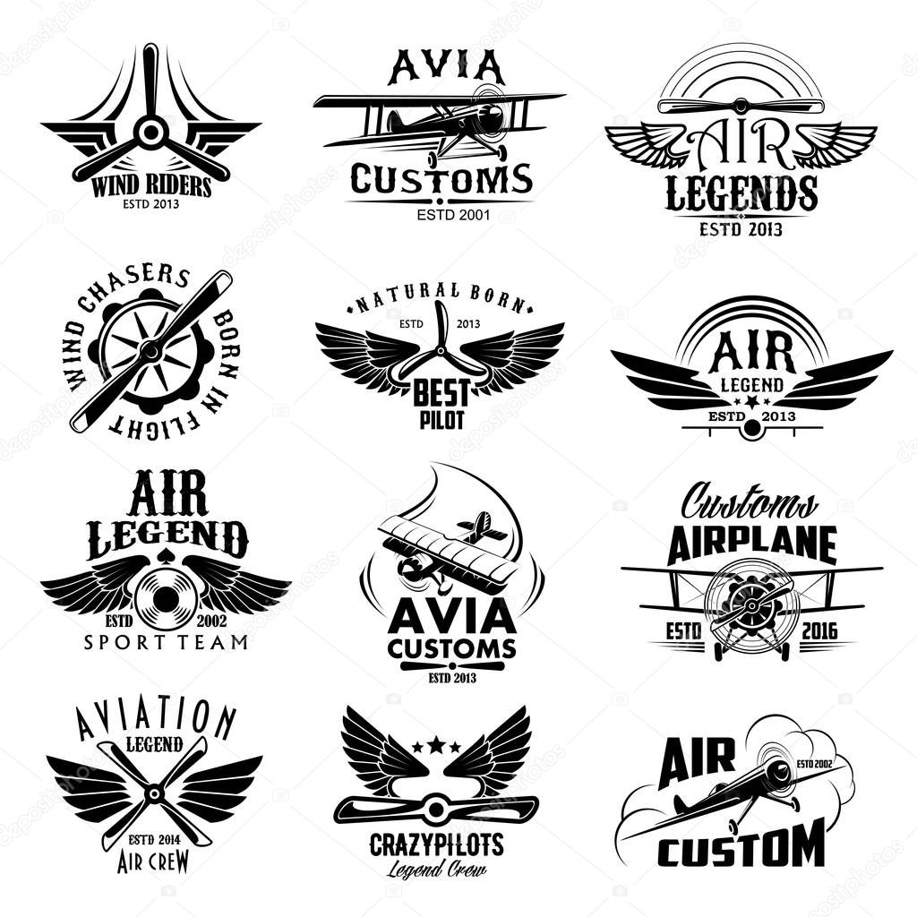 Aviation retro airplane sport team vector icons