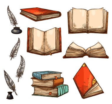 Vector icons of old books and manuscripts sketch clipart