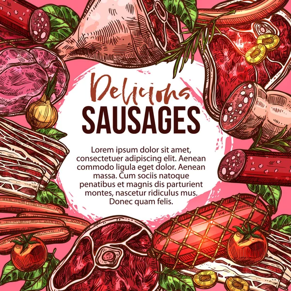 Croquis vectoriel affiche de la charcuterie de saucisses — Image vectorielle