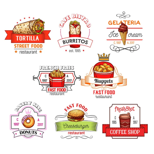 Fast food snack vettoriale ristorante icone schizzo — Vettoriale Stock