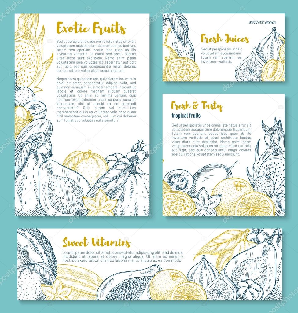 Vector sketch posters of tropical exotic fruits