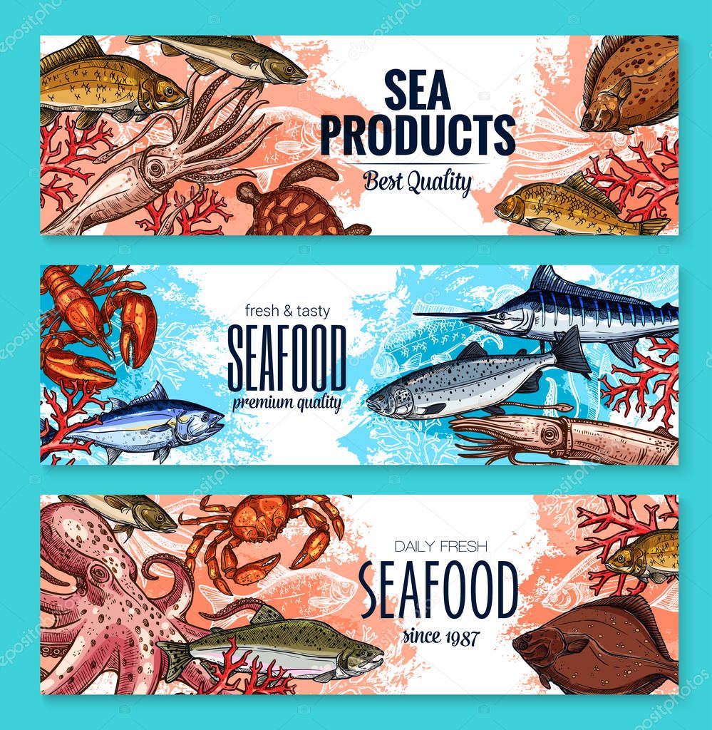 Vector sketch banners for seafood fish food market