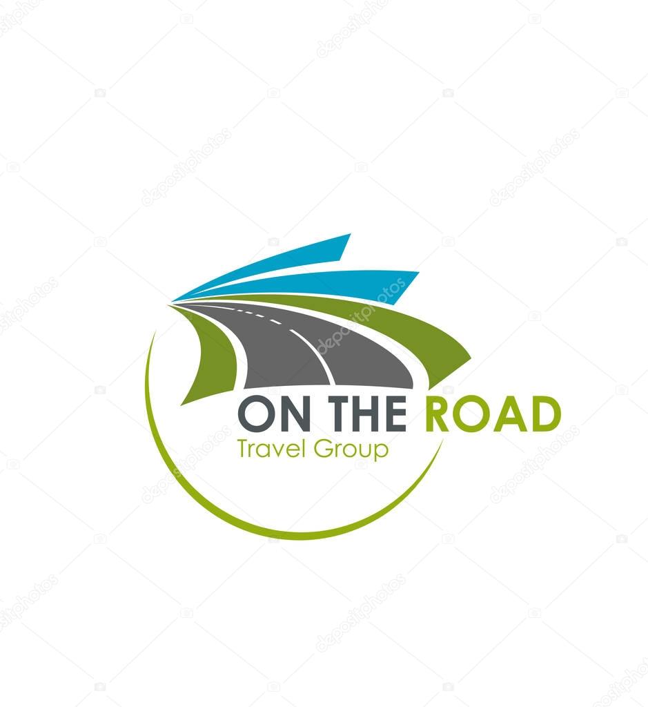 Road travel group vector icons template. Vector badge design of tourism highway lane with marking and winding path for journey transportation company or highway road trip agency