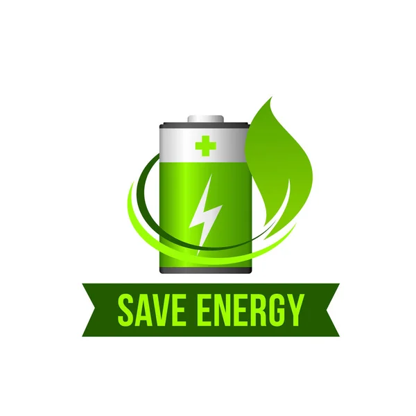 Risparmiare energia verde foglia icona vettoriale della batteria — Vettoriale Stock