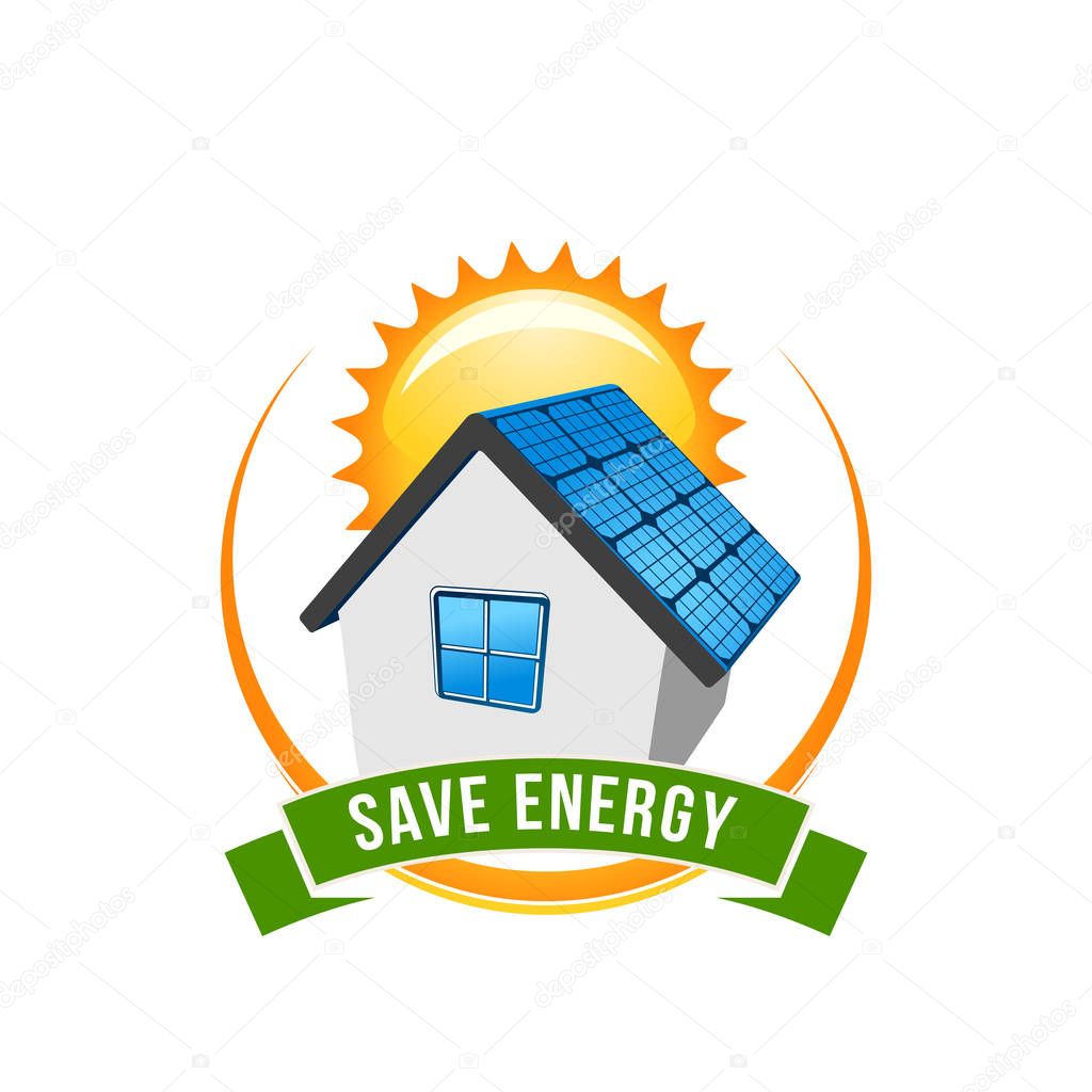 Save Energy green power and natural electricity solar battery on house and sun. Vector eco concept icon for nature protection and recycling energy technology for earth green environment conservation
