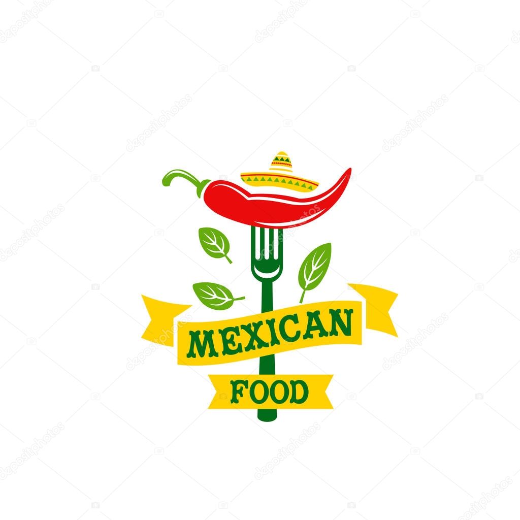 Mexican food cuisine or restaurant icon for cafe menu. Vector isolated Mexico spicy jalapeno red hot chili pepper and green vegetable leaf with yellow ribbon for Mexicana nachos or burrito bistro