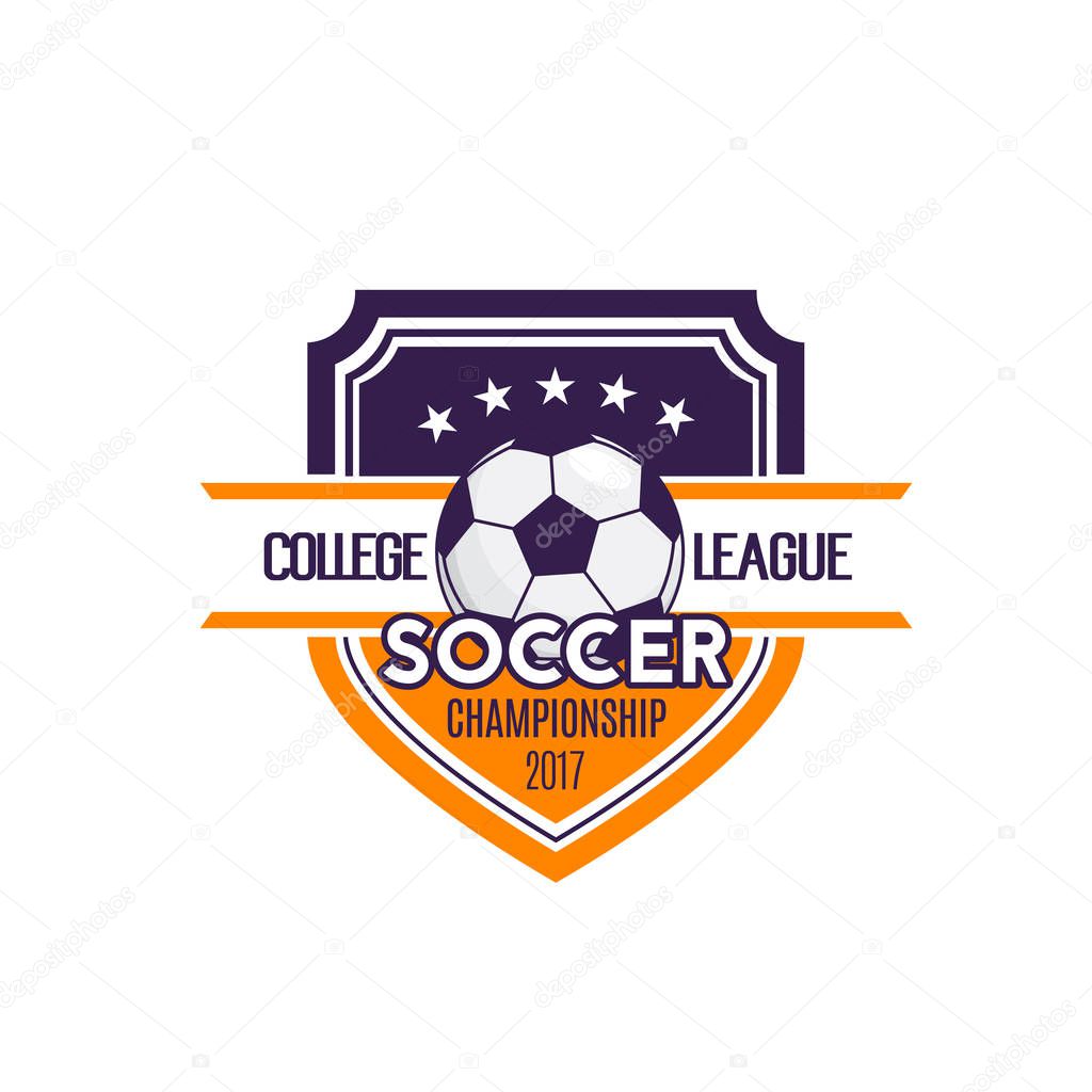 Soccer college league or football team sport club badge icon template. Vector isolated shield symbol of soccer ball and stars for football tournament and championship game contest