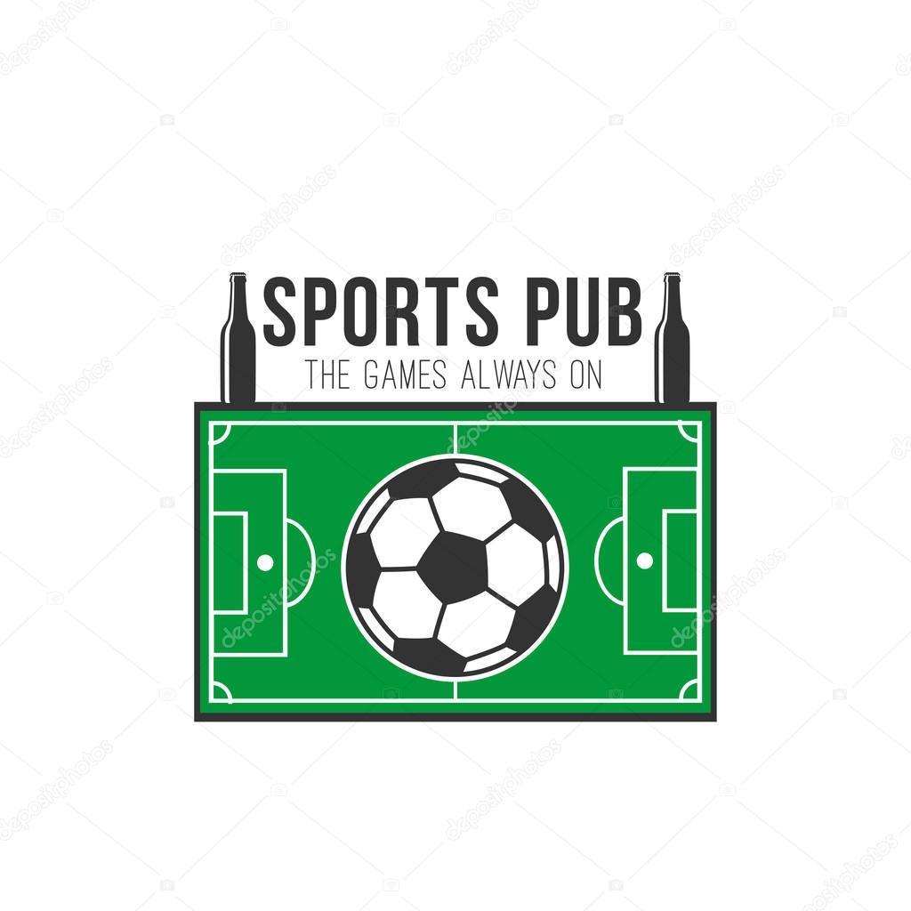 Sports pub icon of soccer ball and sport arena or football playing field in shape of referee clock with beer bottle buttons and goal gates. Vector symbol for soccer team fan bar sign design template