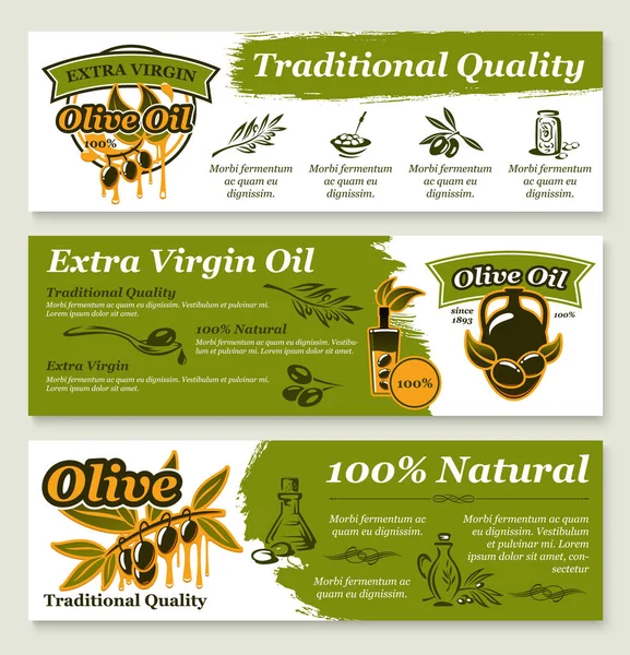 Plantilla de banner de alimentos saludables de aceite de oliva y frutas — Vector de stock
