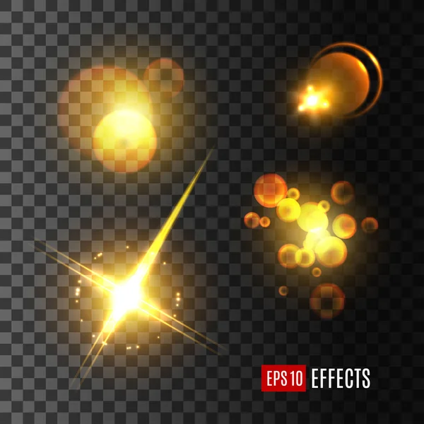 Efecto de luz conjunto de brillo dorado, estrella, haz de sol — Vector de stock