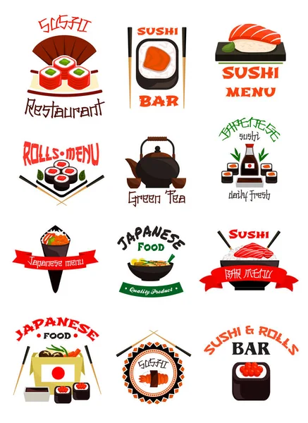 Emblema de comida japonesa conjunto com sushi, arroz de frutos do mar — Vetor de Stock