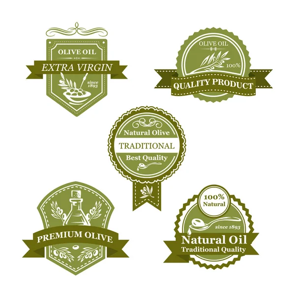 橄榄产品徽章套油瓶子标签设计 — 图库矢量图片