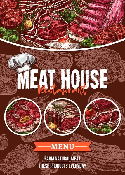 Kött-menyn skiss banner för barbecue restaurang — Stock vektor