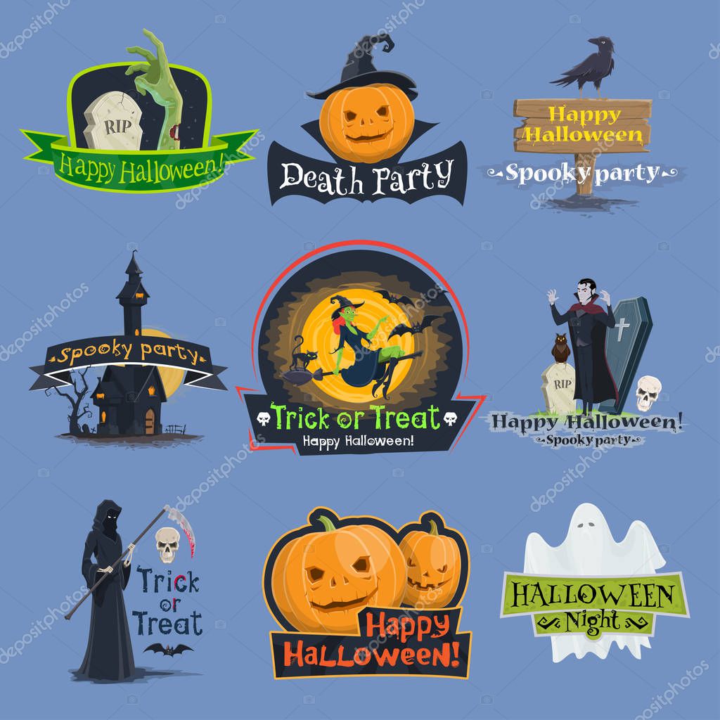 Happy Halloween trick or treat holiday celebration icons set. Vector isolated Halloween pumpkin lantern, spooky ghost and vampire in coffin, witch cat and horror death on graveyad thombstone