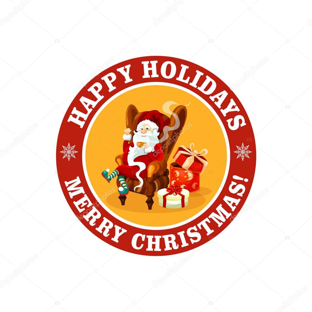 Merry Christmas and Happy Holiday icon for greeting card or New Year postcard design template. Vector Santa Claus with Xmas gifts bag on snowflake ribbon decoration for winter Xmas holiday season