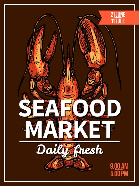 Lobster, crawfish sketch poster for seafood market — Stock Vector