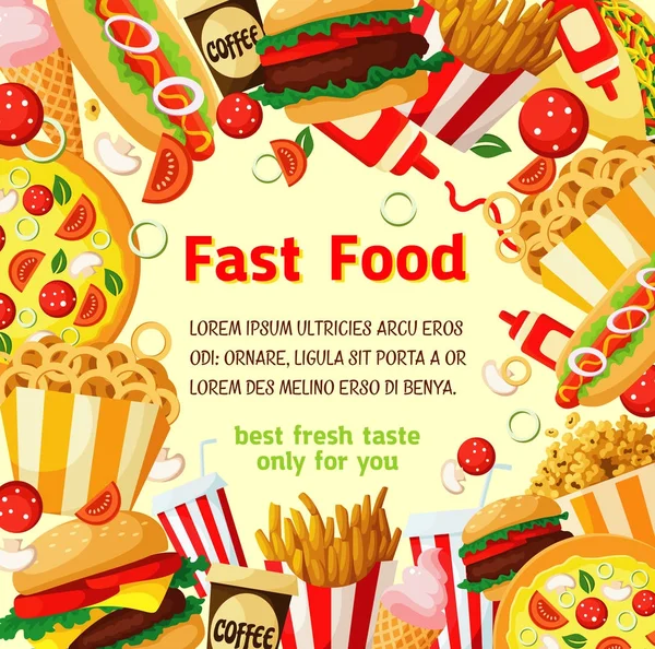 Fast-Food-Poster mit Fastfood-Mahlzeit, Getränkerahmen — Stockvektor