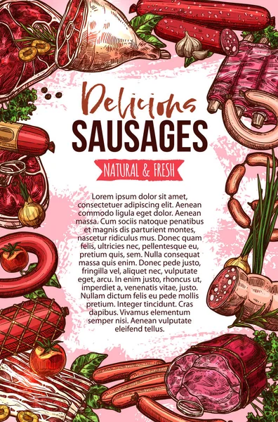 Fresh meat and sausage product sketch banner — Stock Vector