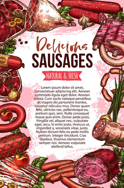 Эскиз свежего мяса и колбасных изделий
