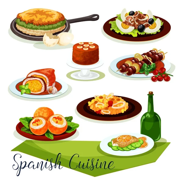 Diseño del icono de la cocina española con carne y mariscos — Vector de stock