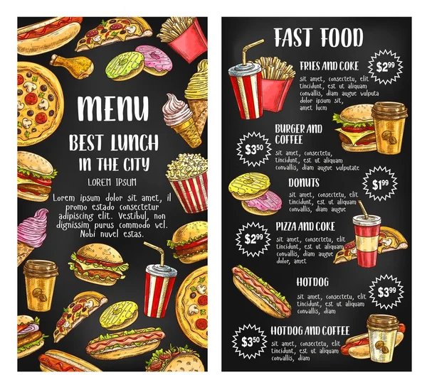 Banner de menú de restaurante de comida rápida en pizarra — Vector de stock