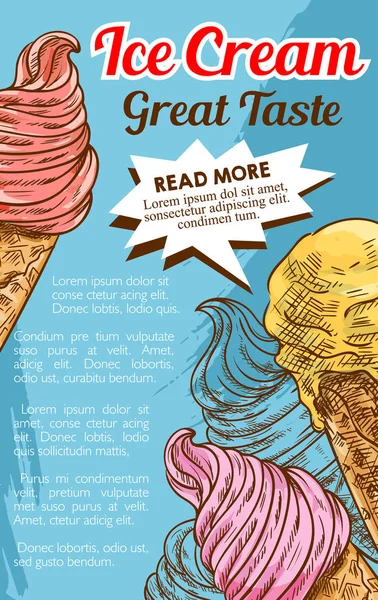 Crème glacée cône dessert rétro croquis affiche — Image vectorielle